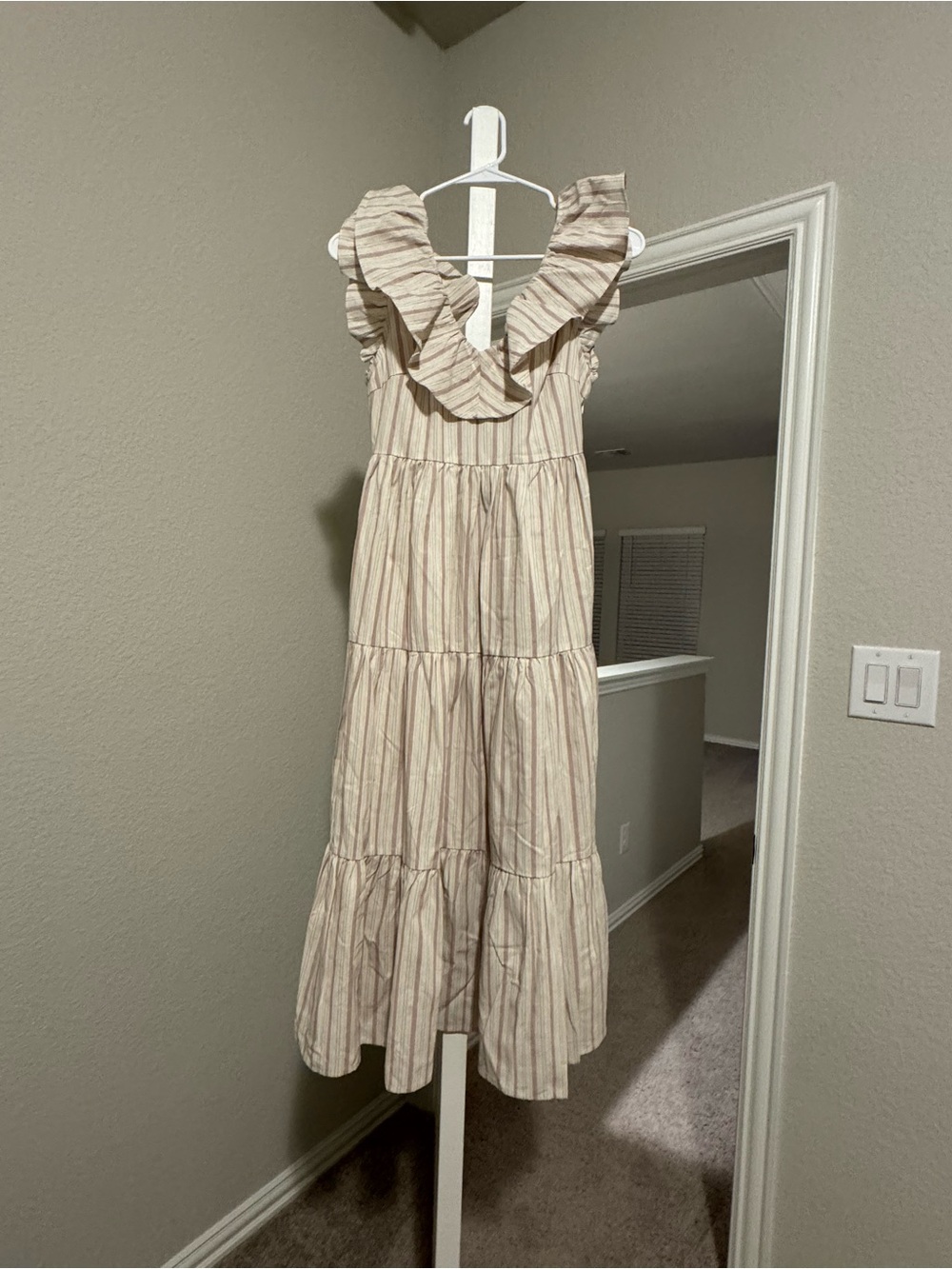 Umgee Beige and Cream Striped Ruffle Tiered Midi Dress